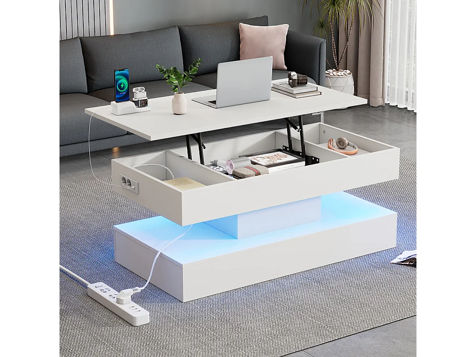 Moderne salontafel met LED-verlichting en verborgen opbergruimte, hydraulisch opklapbaar oppervlak, spaanplaat, wit (100x50x42 cm)