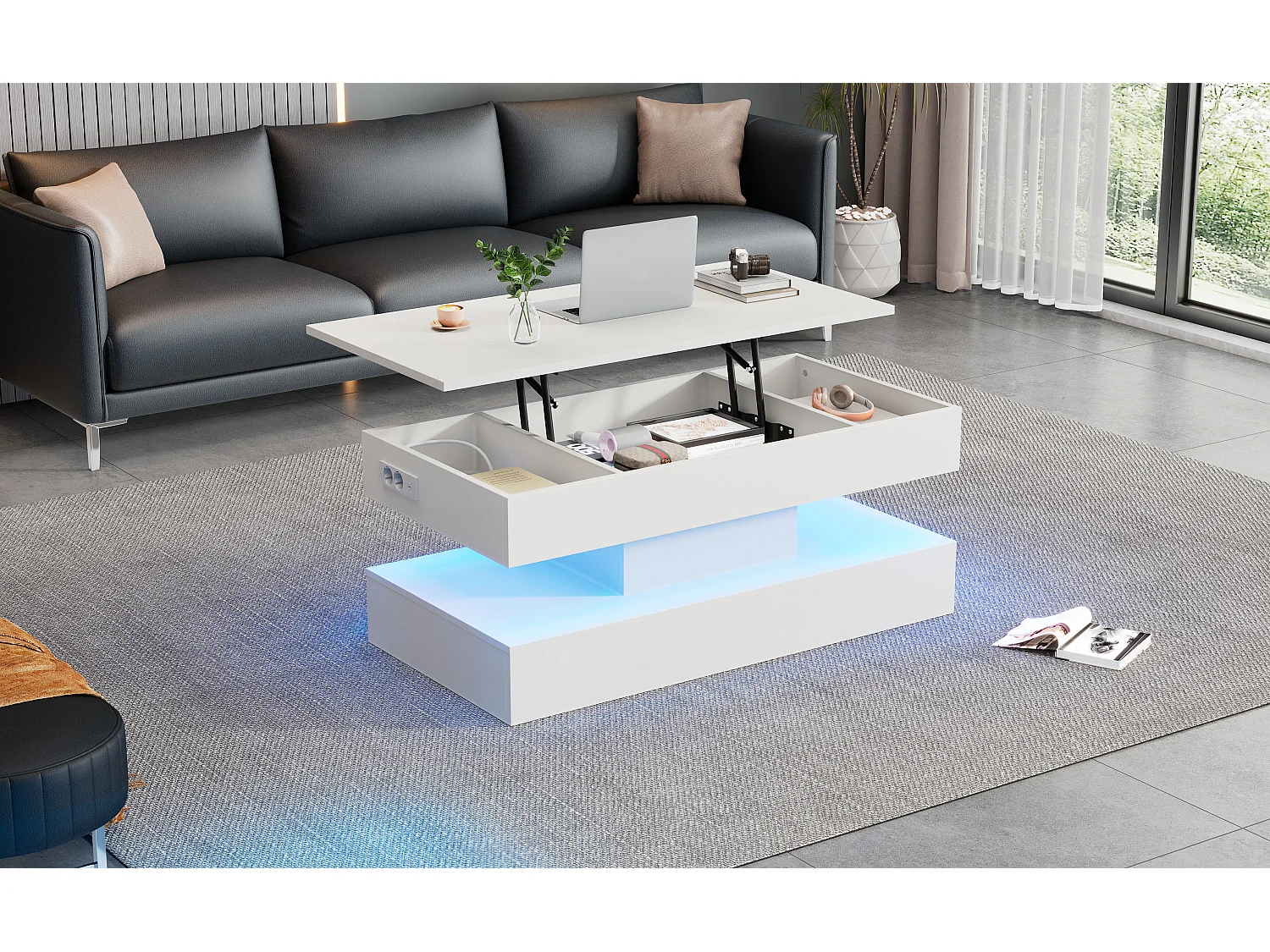 Moderne salontafel met LED-verlichting en verborgen opbergruimte, hydraulisch opklapbaar oppervlak, spaanplaat, wit (100x50x42 cm)