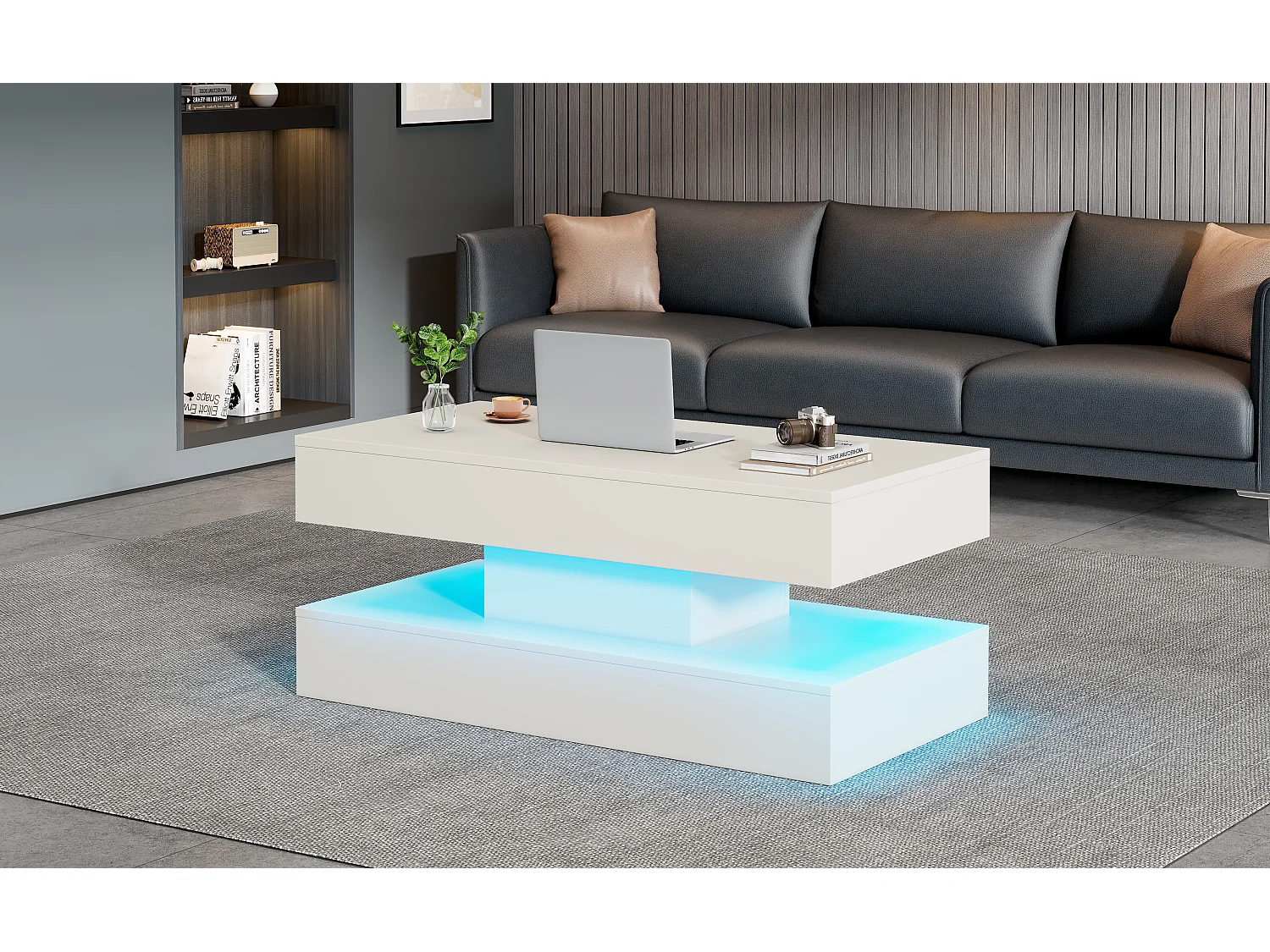 Moderne salontafel met LED-verlichting en verborgen opbergruimte, hydraulisch opklapbaar oppervlak, spaanplaat, wit (100x50x42 cm)