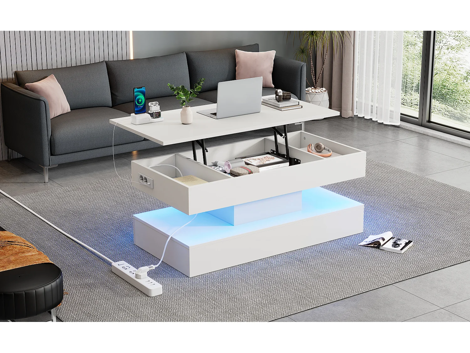 Moderne salontafel met LED-verlichting en verborgen opbergruimte, hydraulisch opklapbaar oppervlak, spaanplaat, wit (100x50x42 cm)