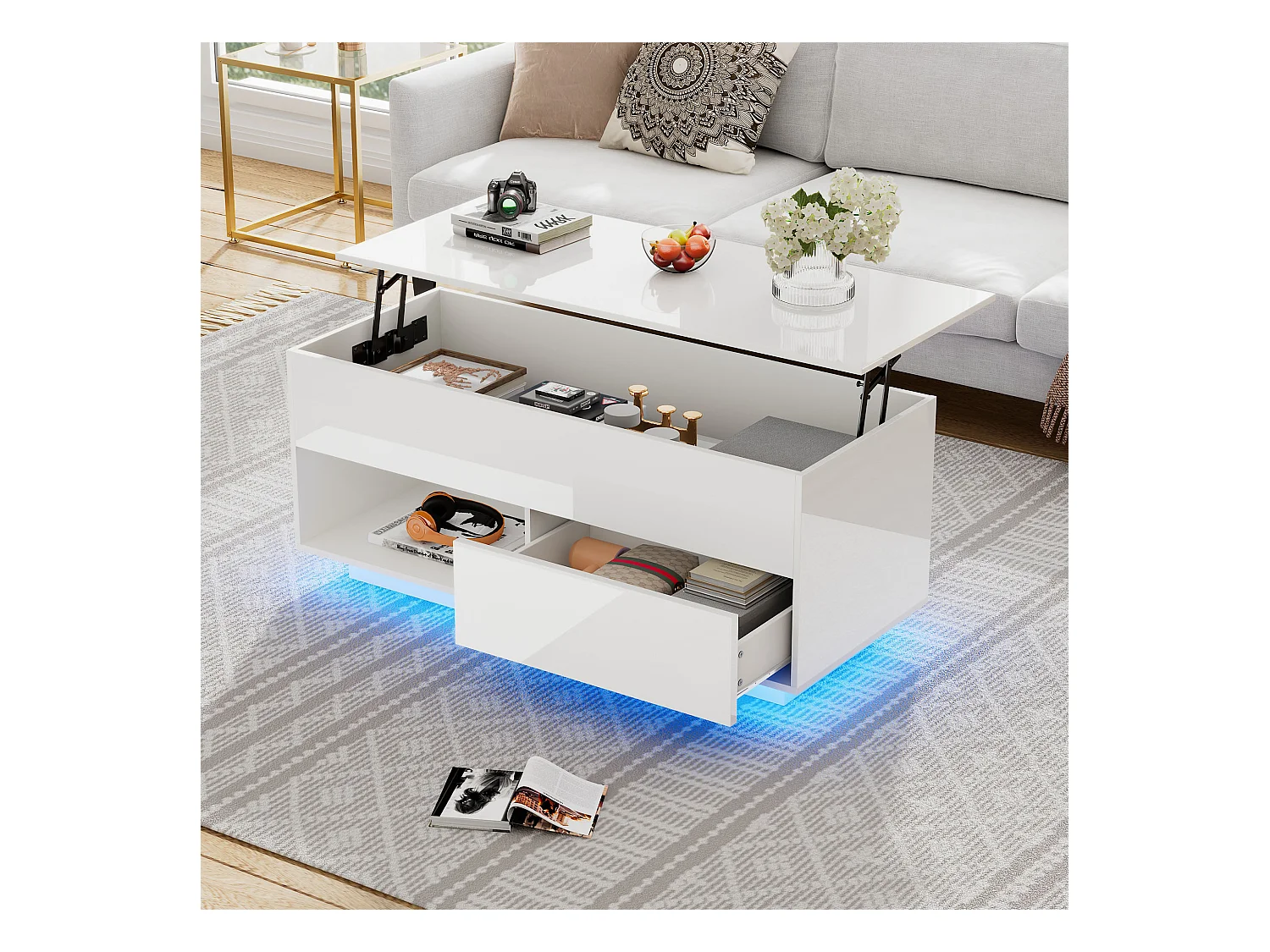 Mesa de centro elevable blanca brillante con LED y cajón, tablero de partículas (100x50x55cm)