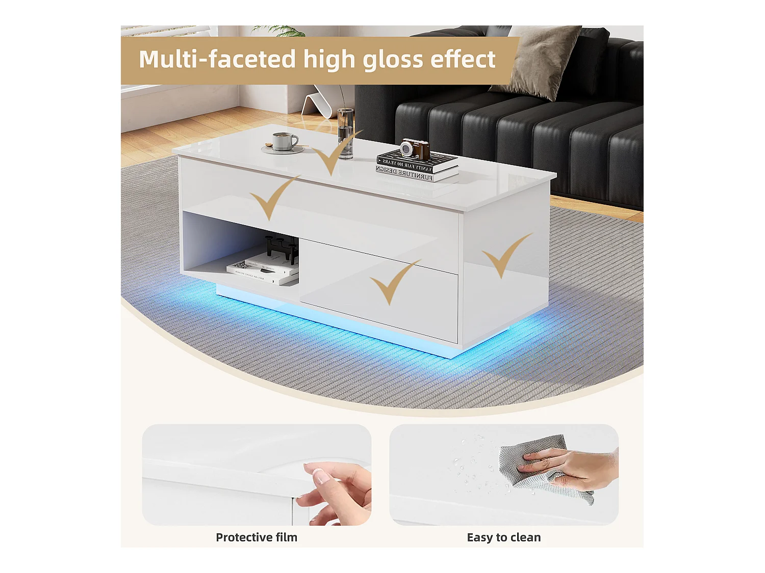 Table basse relevable blanche brillante avec LED et tiroir, panneaux de particules (100x50x55cm)