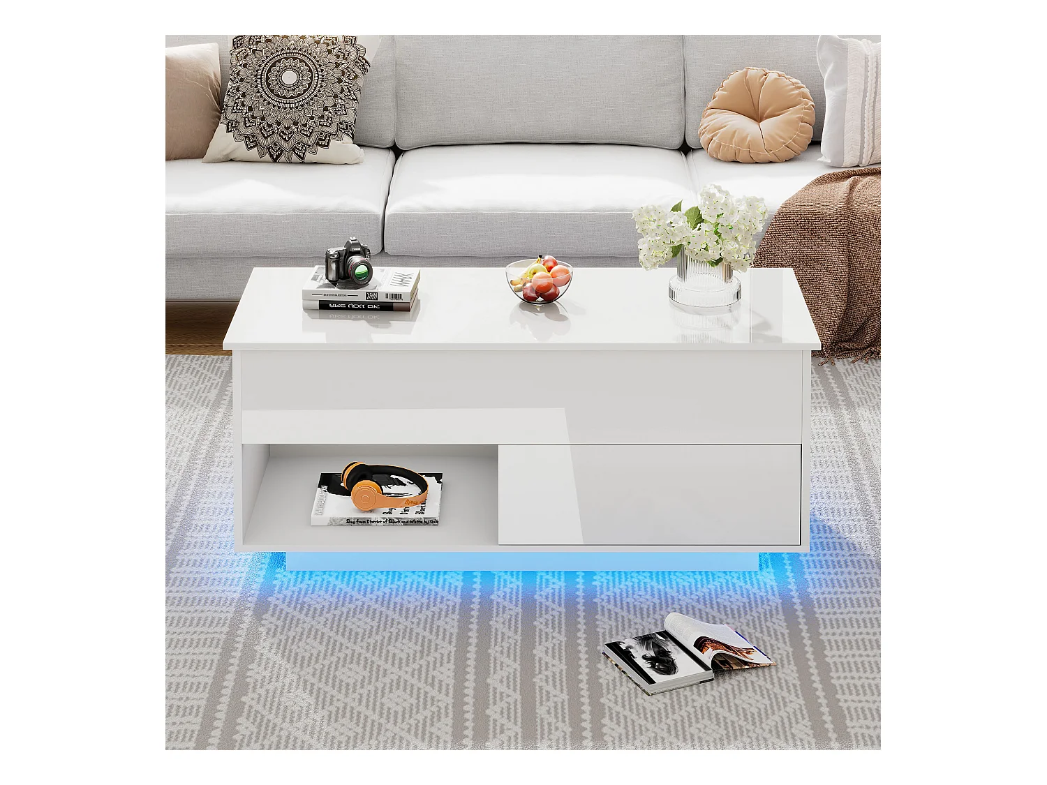 Table basse relevable blanche brillante avec LED et tiroir, panneaux de particules (100x50x55cm)
