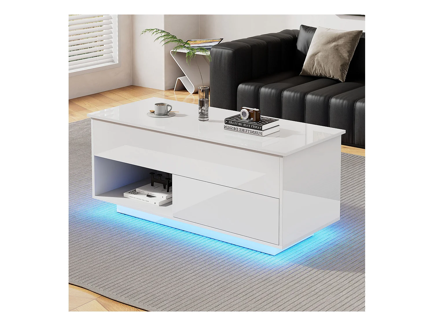 Table basse relevable blanche brillante avec LED et tiroir, panneaux de particules (100x50x55cm)