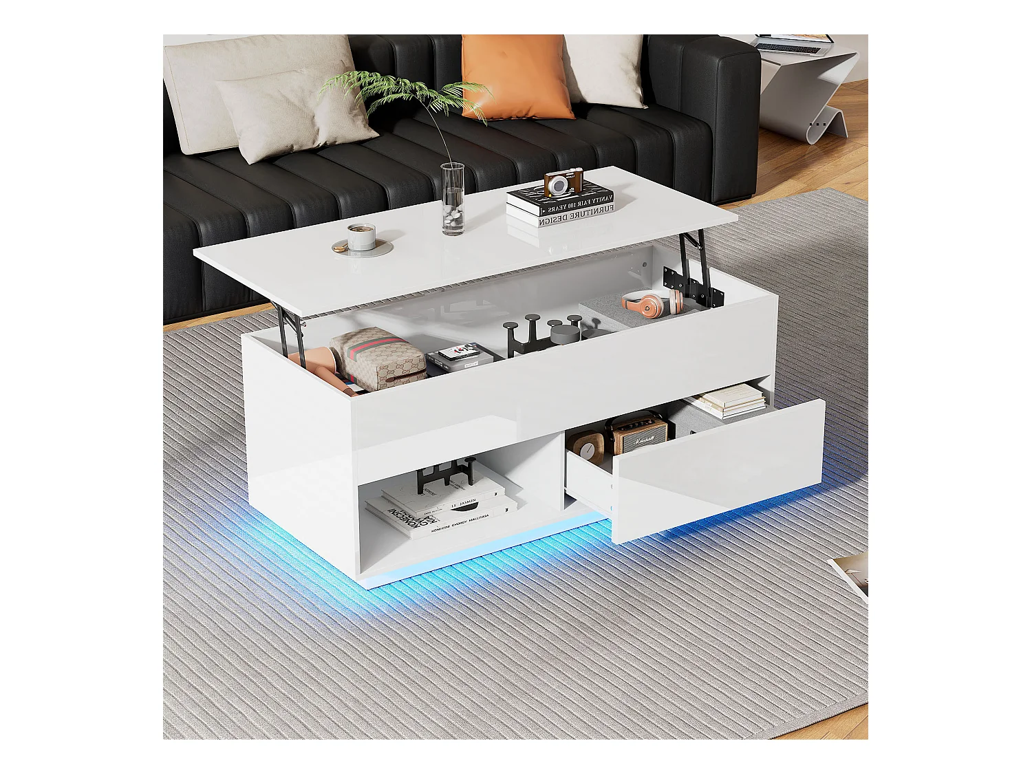 Table basse relevable blanche brillante avec LED et tiroir, panneaux de particules (100x50x55cm)
