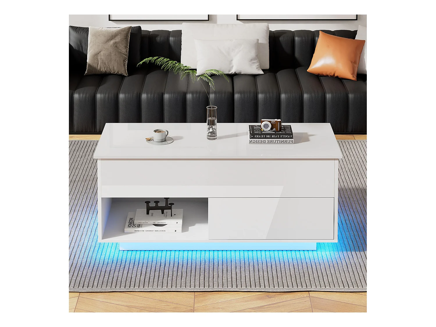 Table basse relevable blanche brillante avec LED et tiroir, panneaux de particules (100x50x55cm)