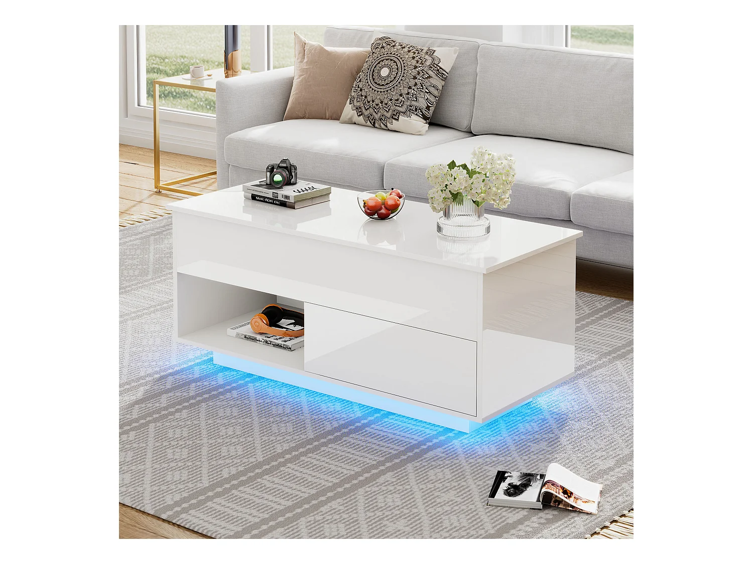 Table basse relevable blanche brillante avec LED et tiroir, panneaux de particules (100x50x55cm)