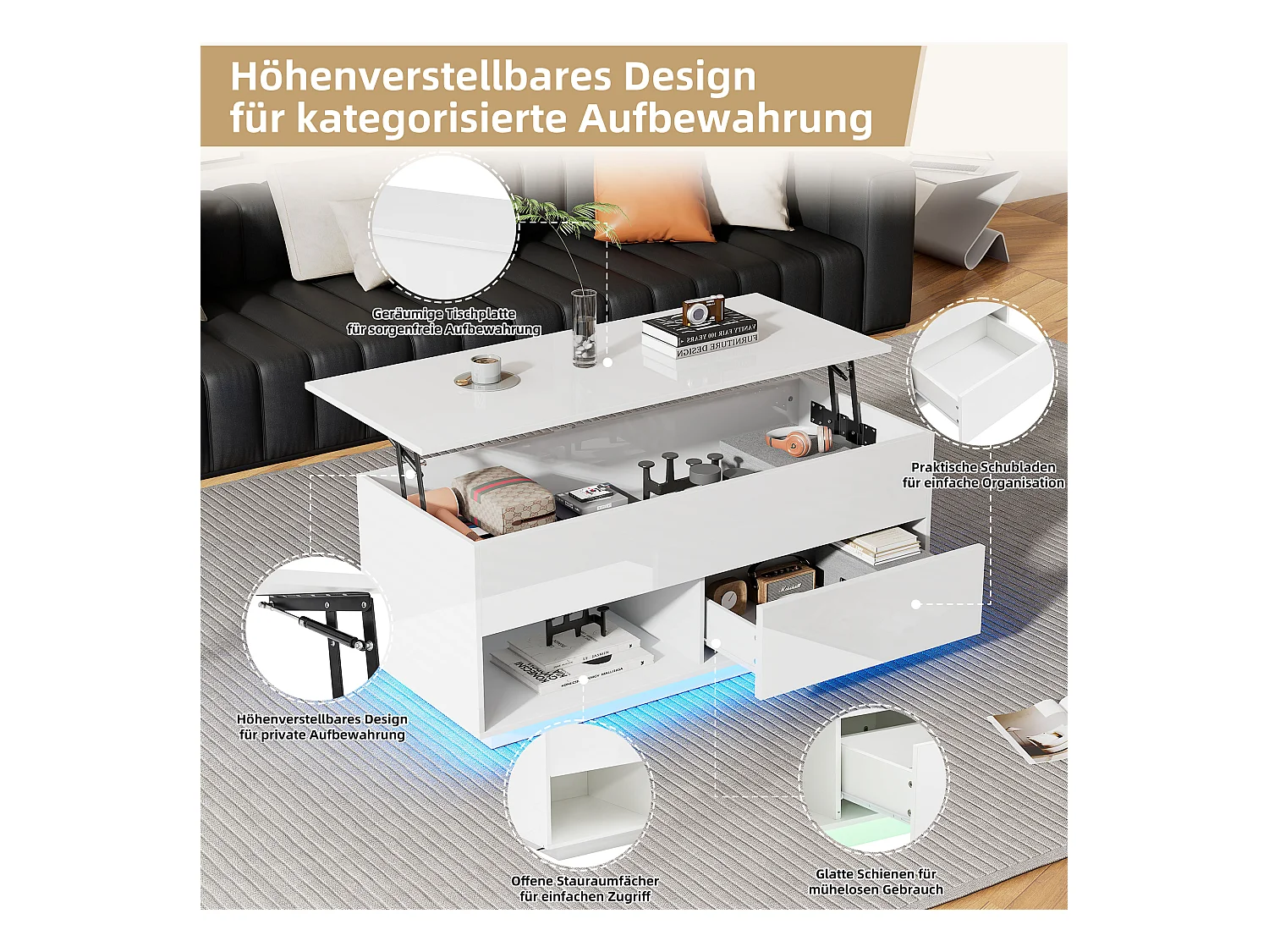 Table basse relevable blanche brillante avec LED et tiroir, panneaux de particules (100x50x55cm)