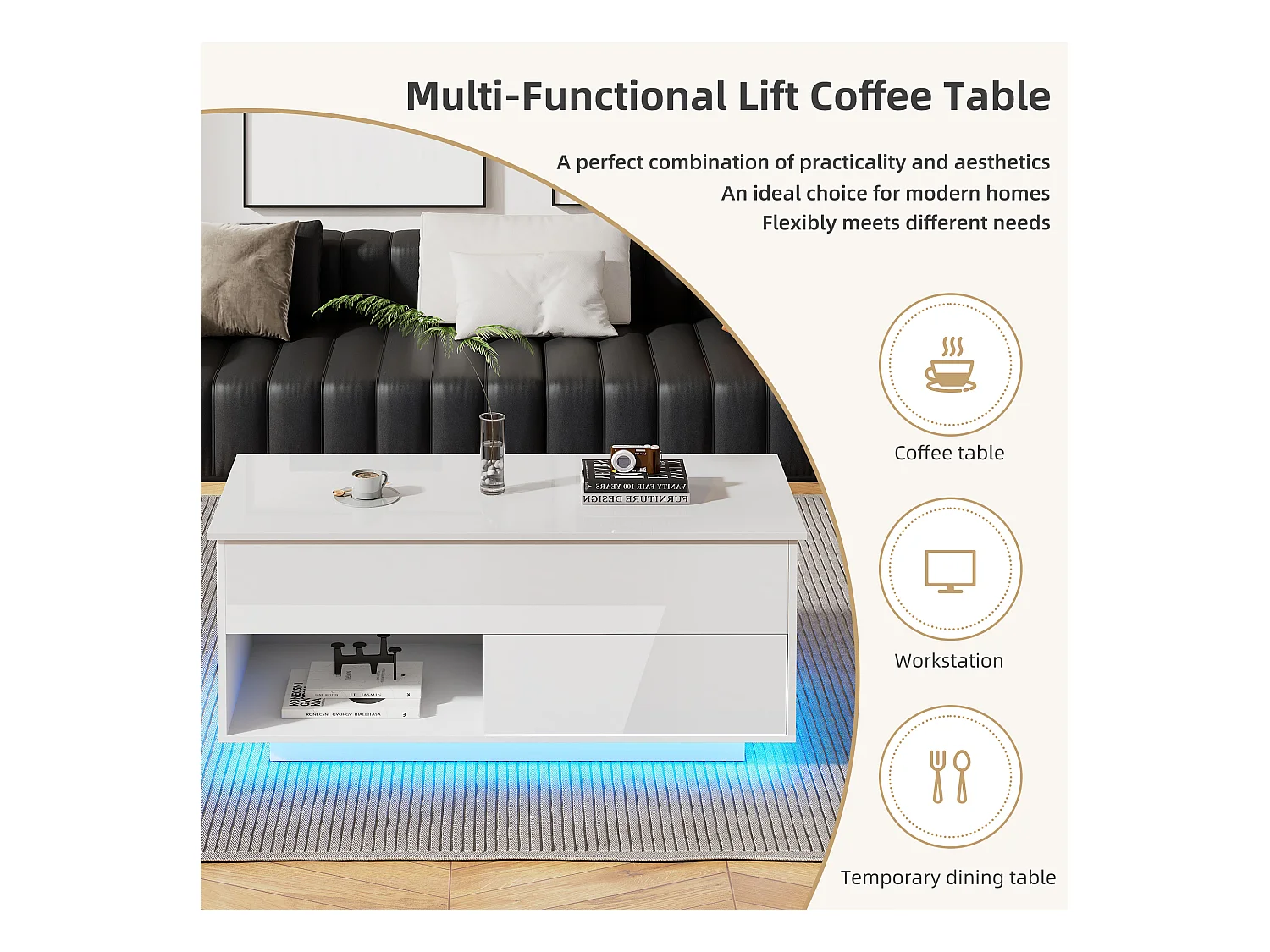 Table basse relevable blanche brillante avec LED et tiroir, panneaux de particules (100x50x55cm)