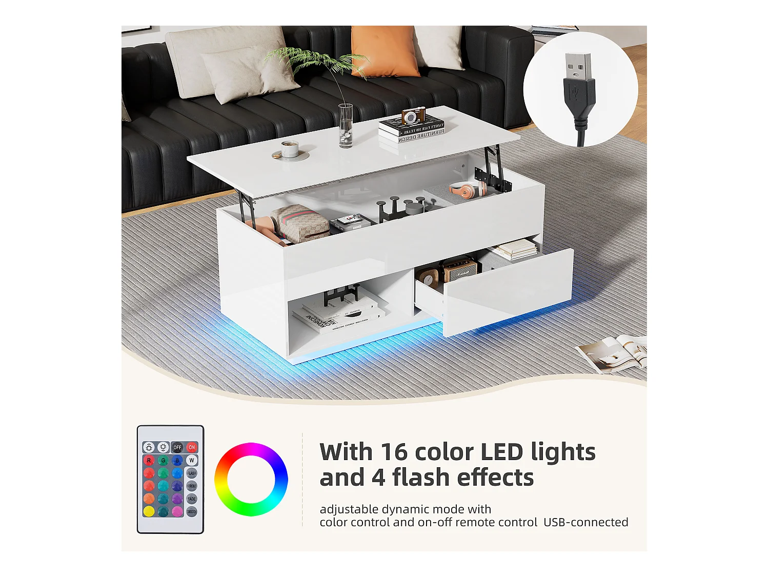 Table basse relevable blanche brillante avec LED et tiroir, panneaux de particules (100x50x55cm)