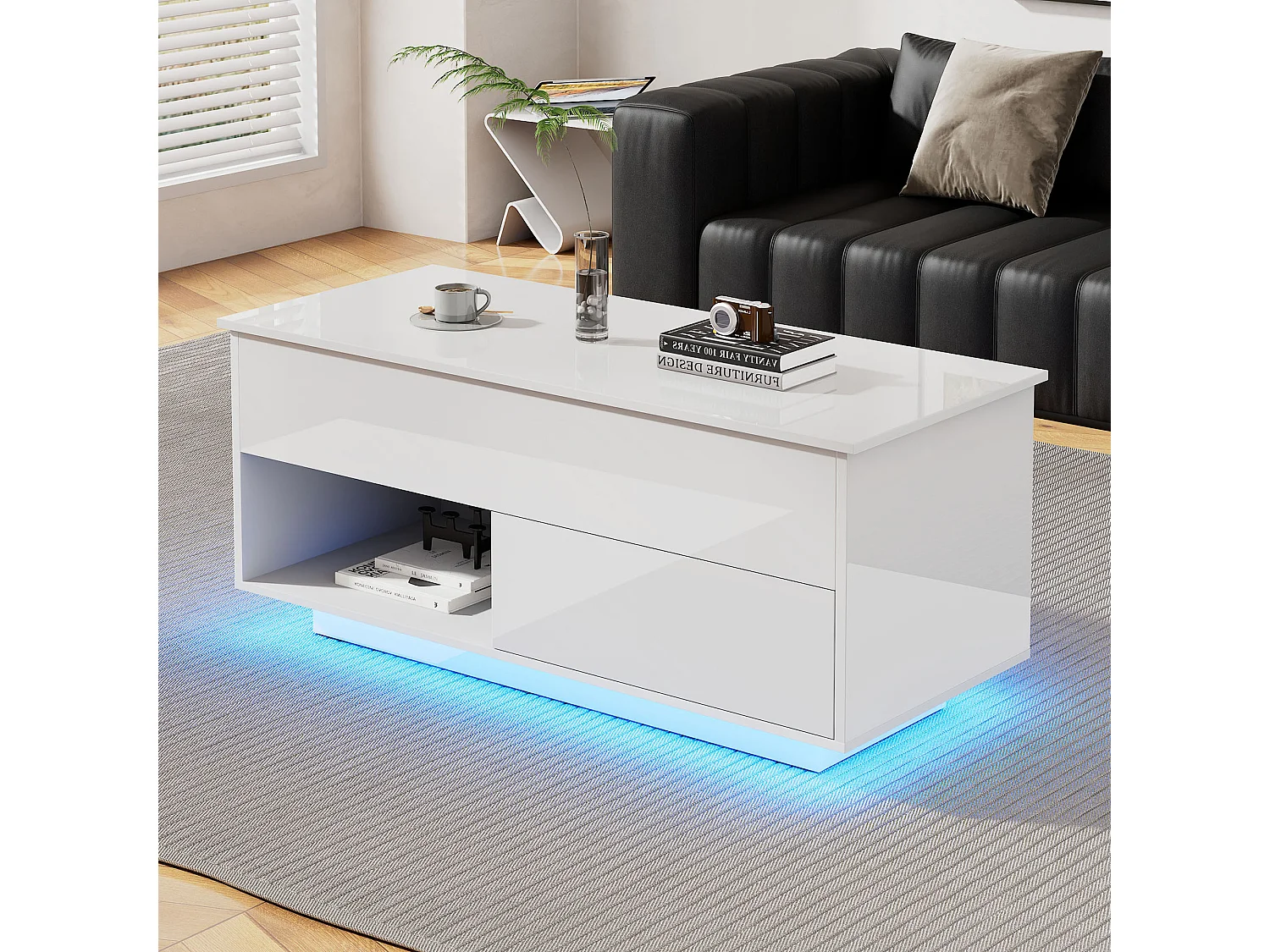 Witte hoogglans salontafel met LED en lade, spaanplaat (100x50x55cm)
