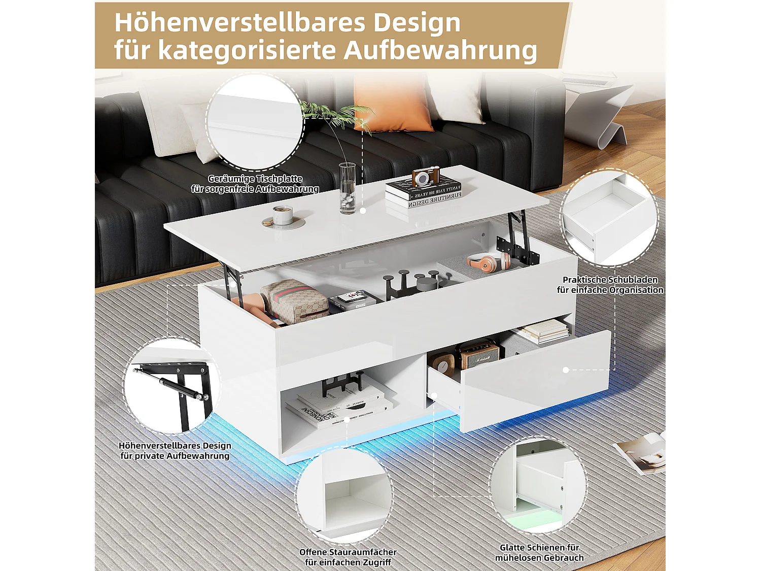 Witte hoogglans salontafel met LED en lade, spaanplaat (100x50x55cm)