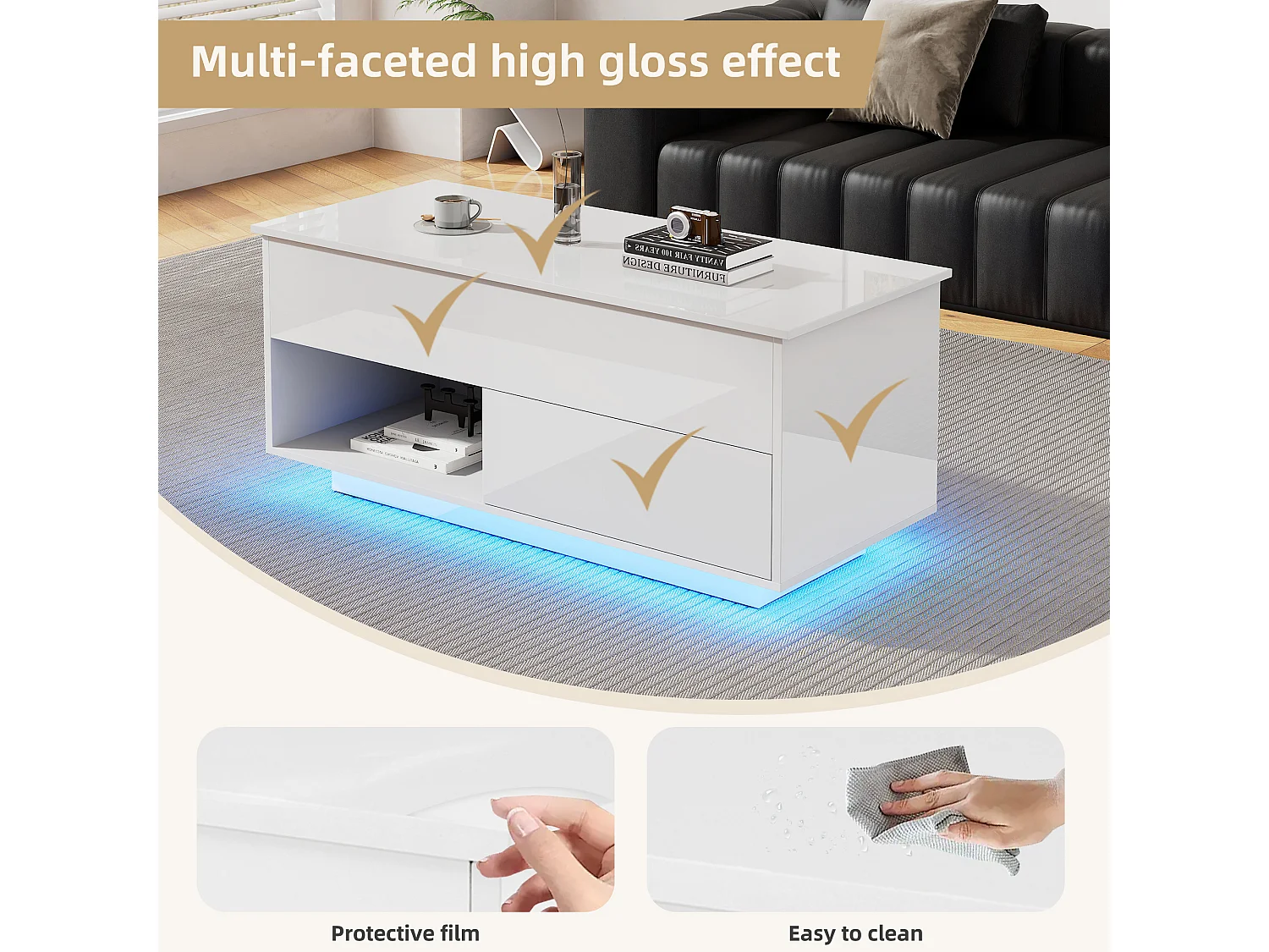 Witte hoogglans salontafel met LED en lade, spaanplaat (100x50x55cm)