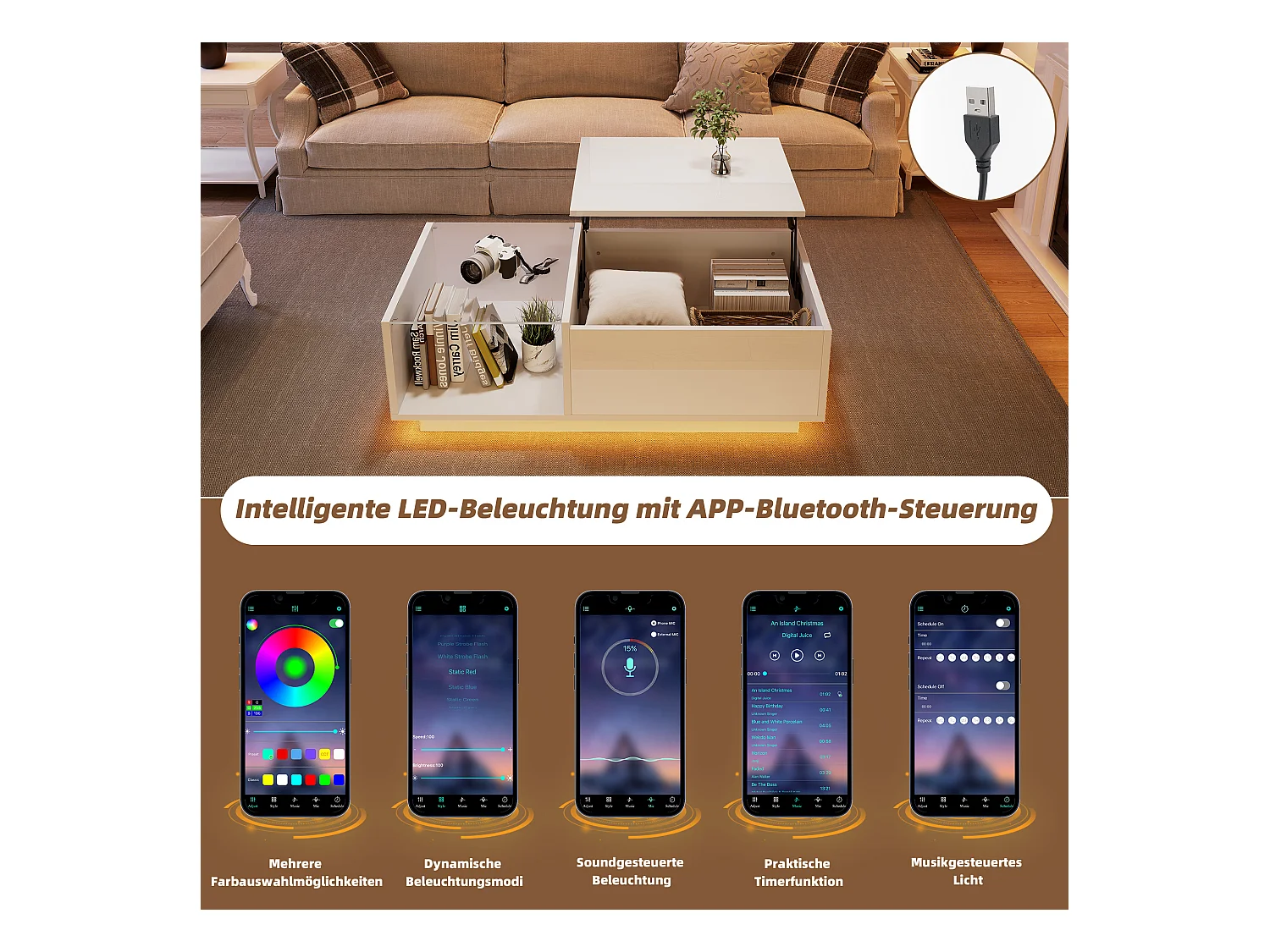 Tavolino da caffè regolabile in altezza con LED, pannello truciolare, bianco, contenitore integrato e illuminazione personalizzabile (100x50x33-46,5 cm)