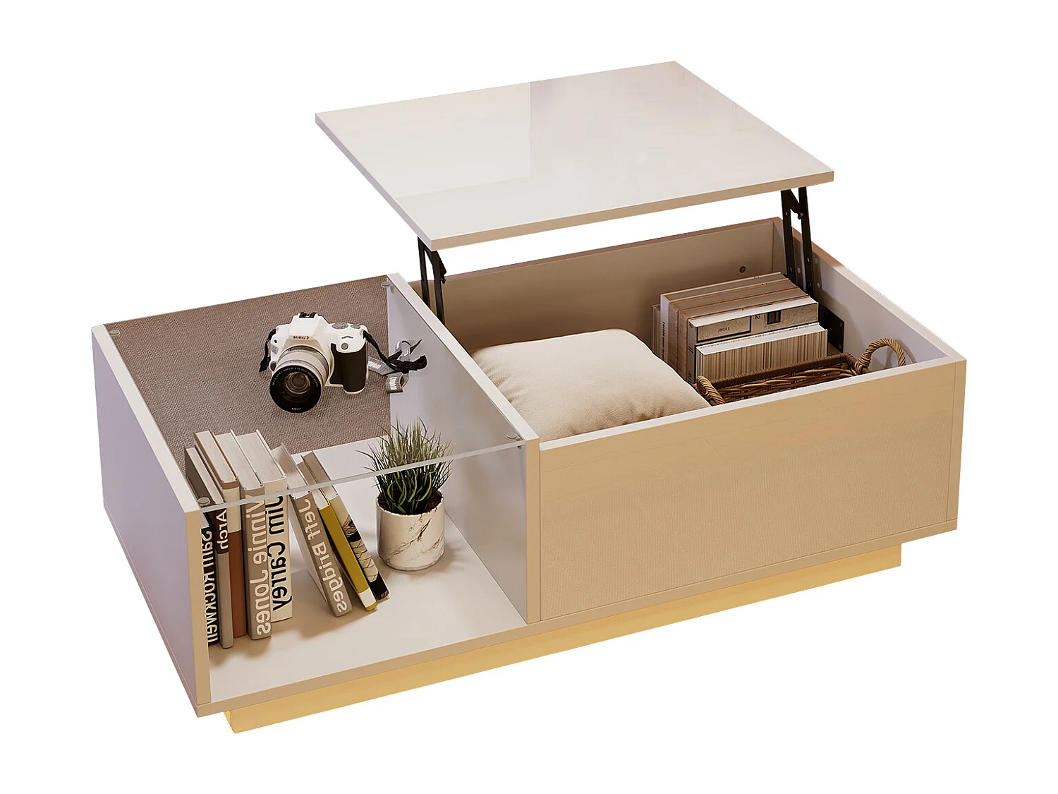 Table basse réglable en hauteur avec LED, panneau de particules, blanc, rangement intégré et éclairage personnalisable (100x50x33-46.5cm)