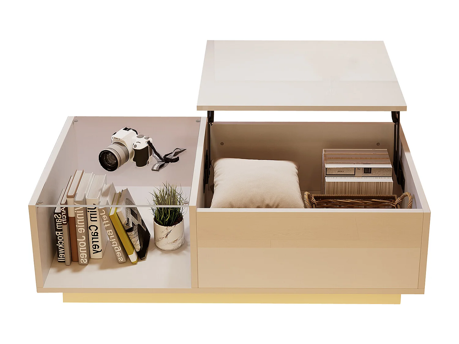 Table basse réglable en hauteur avec LED, panneau de particules, blanc, rangement intégré et éclairage personnalisable (100x50x33-46.5cm)