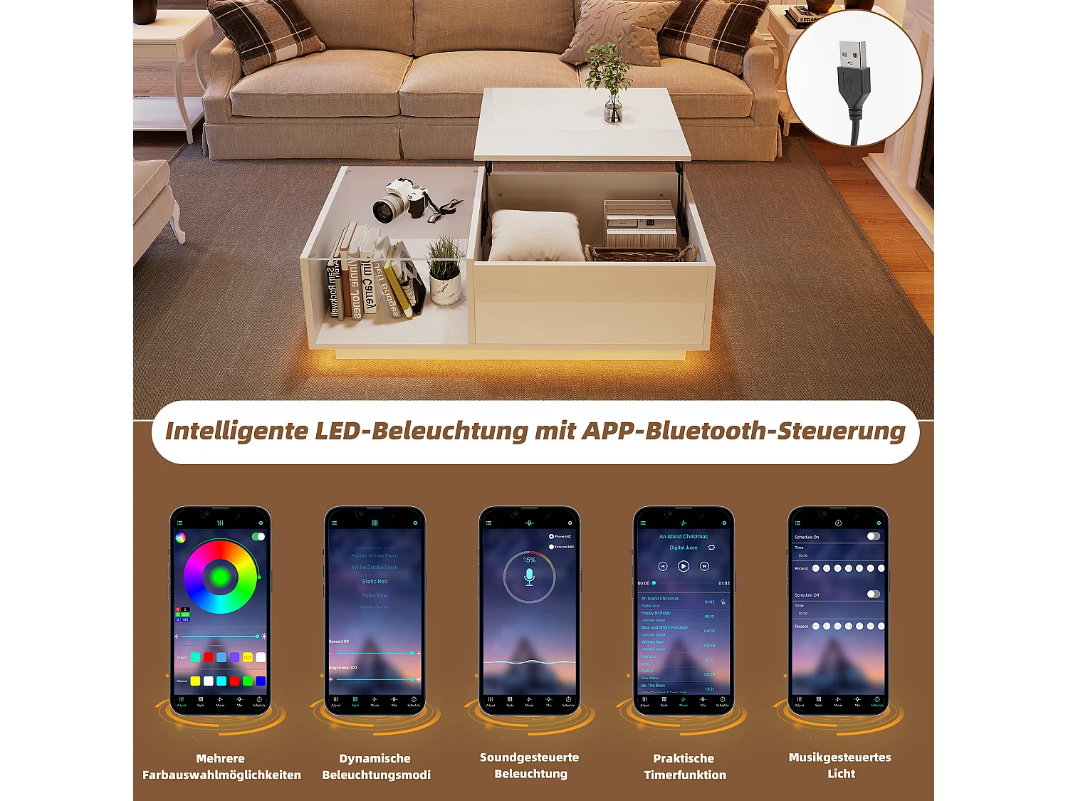 Table basse réglable en hauteur avec LED, panneau de particules, blanc, rangement intégré et éclairage personnalisable (100x50x33-46.5cm)