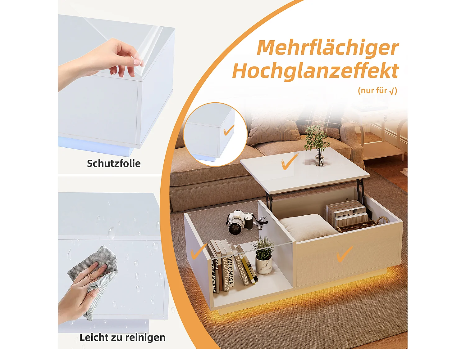 Table basse réglable en hauteur avec LED, panneau de particules, blanc, rangement intégré et éclairage personnalisable (100x50x33-46.5cm)