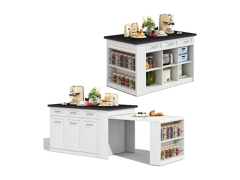 Modern kookeiland met uitschuifbare tafel, MDF, wit, met 3 lades en 3 compartimenten (97,79x51,56x18,42 cm)