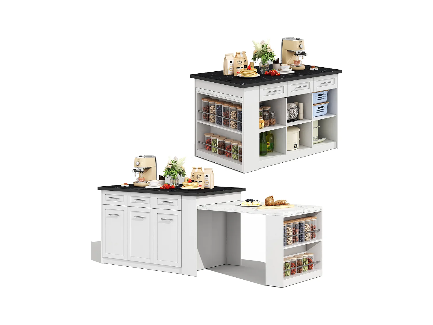 Îlot de cuisine moderne avec table escamotable, MDF, blanc, avec 3 tiroirs et 3 compartiments (97.79x51.56x18.42 cm)