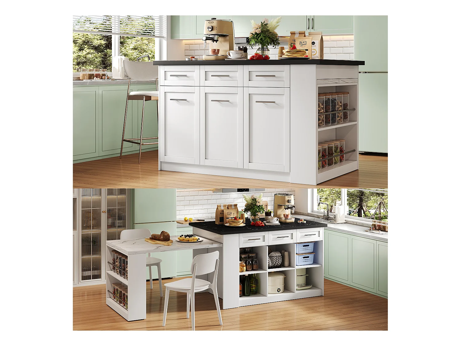 Îlot de cuisine moderne avec table escamotable, MDF, blanc, avec 3 tiroirs et 3 compartiments (97.79x51.56x18.42 cm)