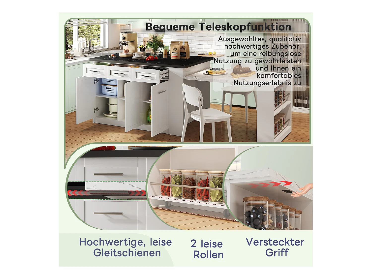 Îlot de cuisine moderne avec table escamotable, MDF, blanc, avec 3 tiroirs et 3 compartiments (97.79x51.56x18.42 cm)