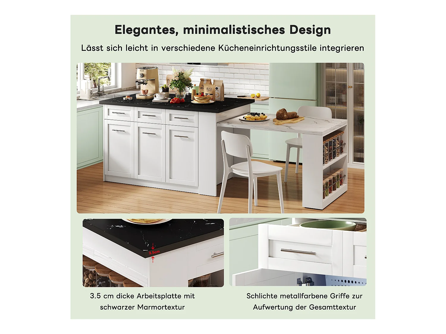 Îlot de cuisine moderne avec table escamotable, MDF, blanc, avec 3 tiroirs et 3 compartiments (97.79x51.56x18.42 cm)