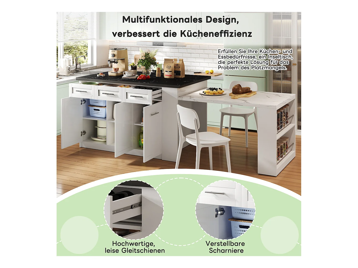 Îlot de cuisine moderne avec table escamotable, MDF, blanc, avec 3 tiroirs et 3 compartiments (97.79x51.56x18.42 cm)