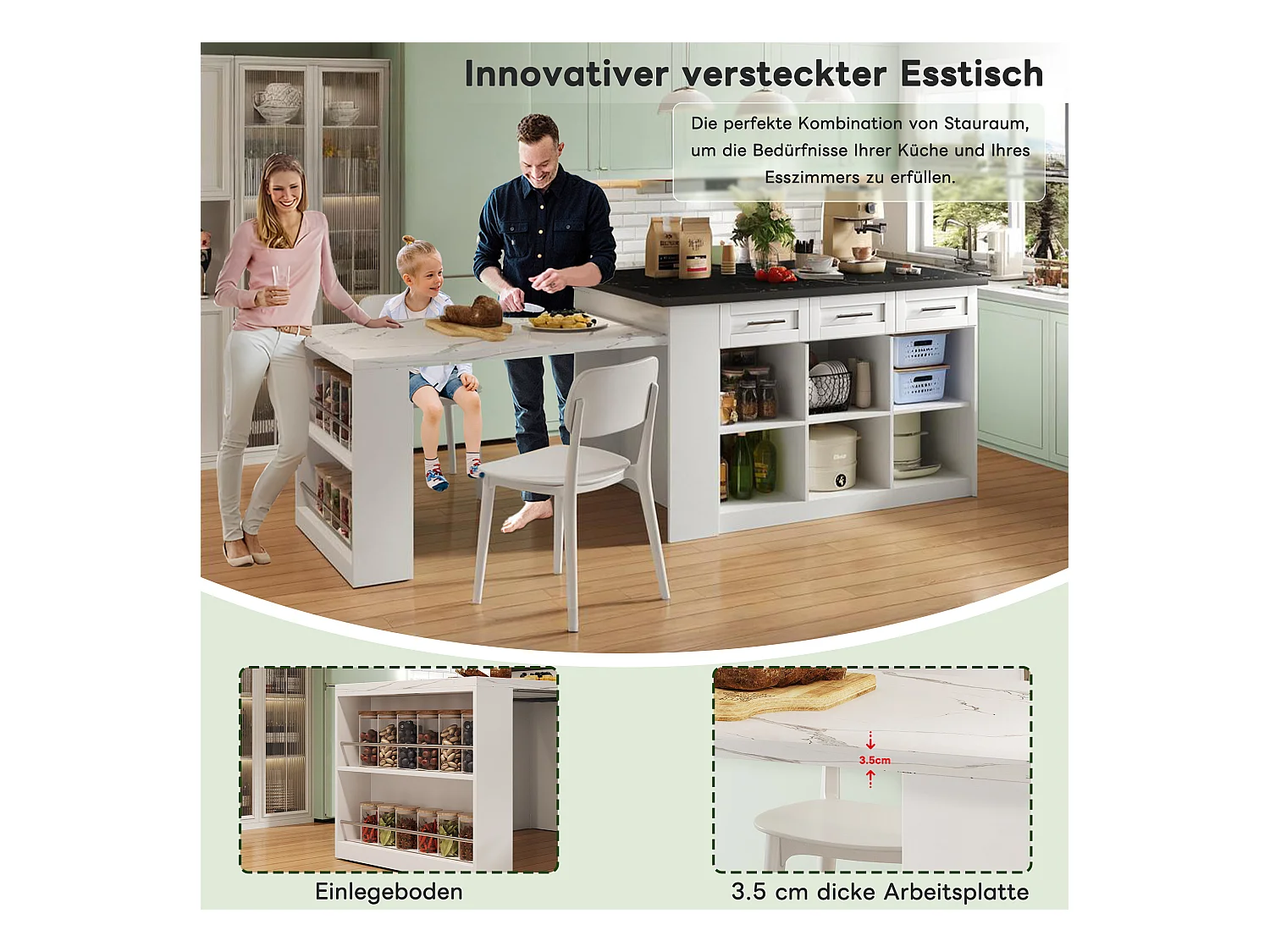 Îlot de cuisine moderne avec table escamotable, MDF, blanc, avec 3 tiroirs et 3 compartiments (97.79x51.56x18.42 cm)