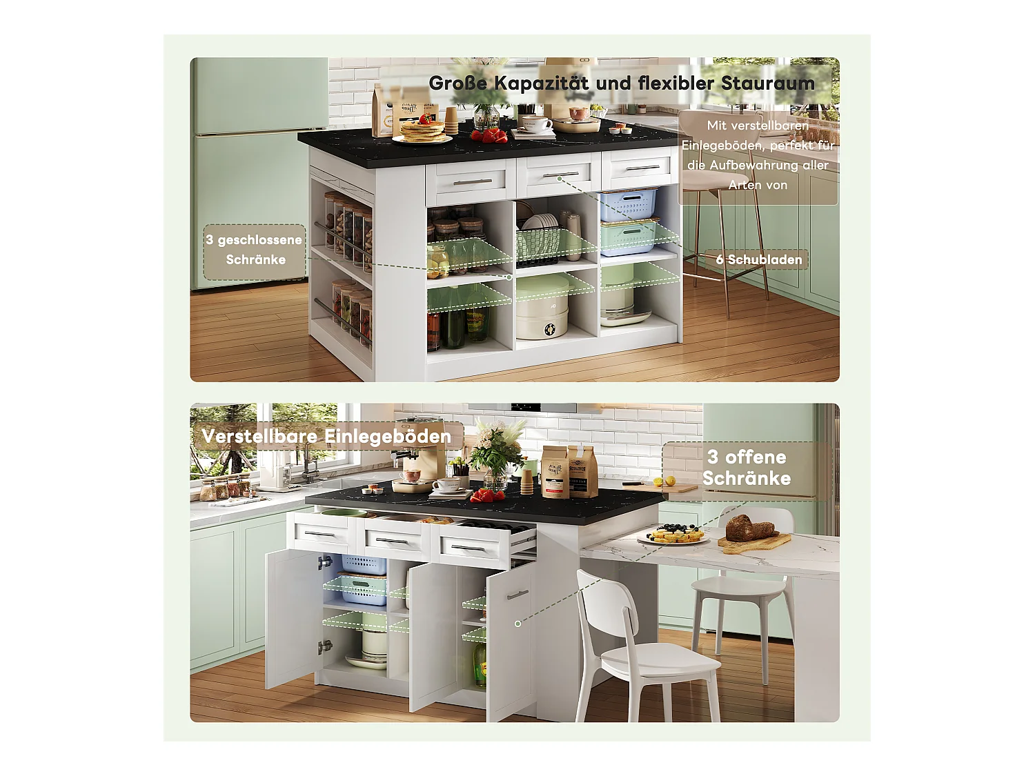 Îlot de cuisine moderne avec table escamotable, MDF, blanc, avec 3 tiroirs et 3 compartiments (97.79x51.56x18.42 cm)