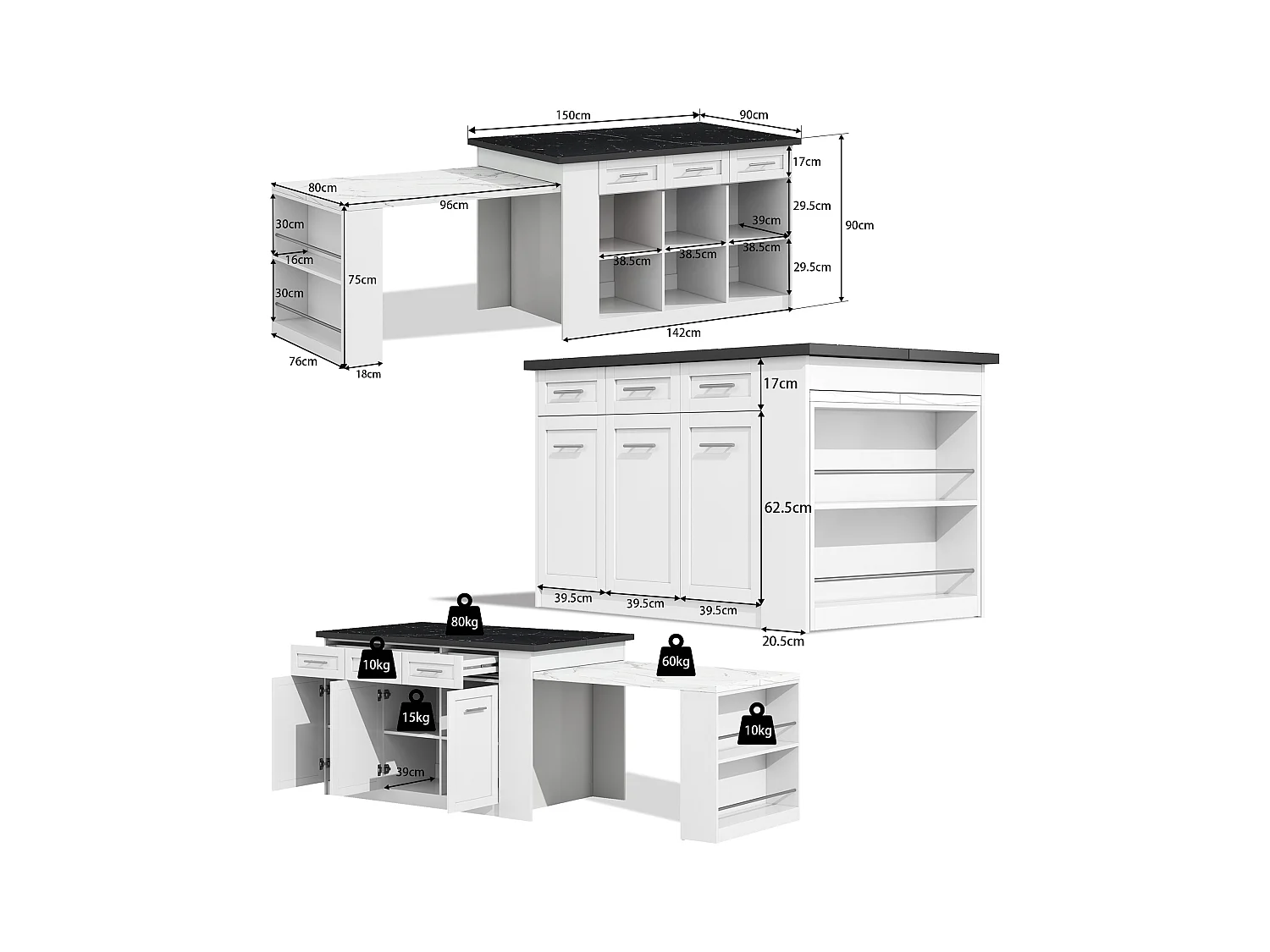 Îlot de cuisine moderne avec table escamotable, MDF, blanc, avec 3 tiroirs et 3 compartiments (97.79x51.56x18.42 cm)