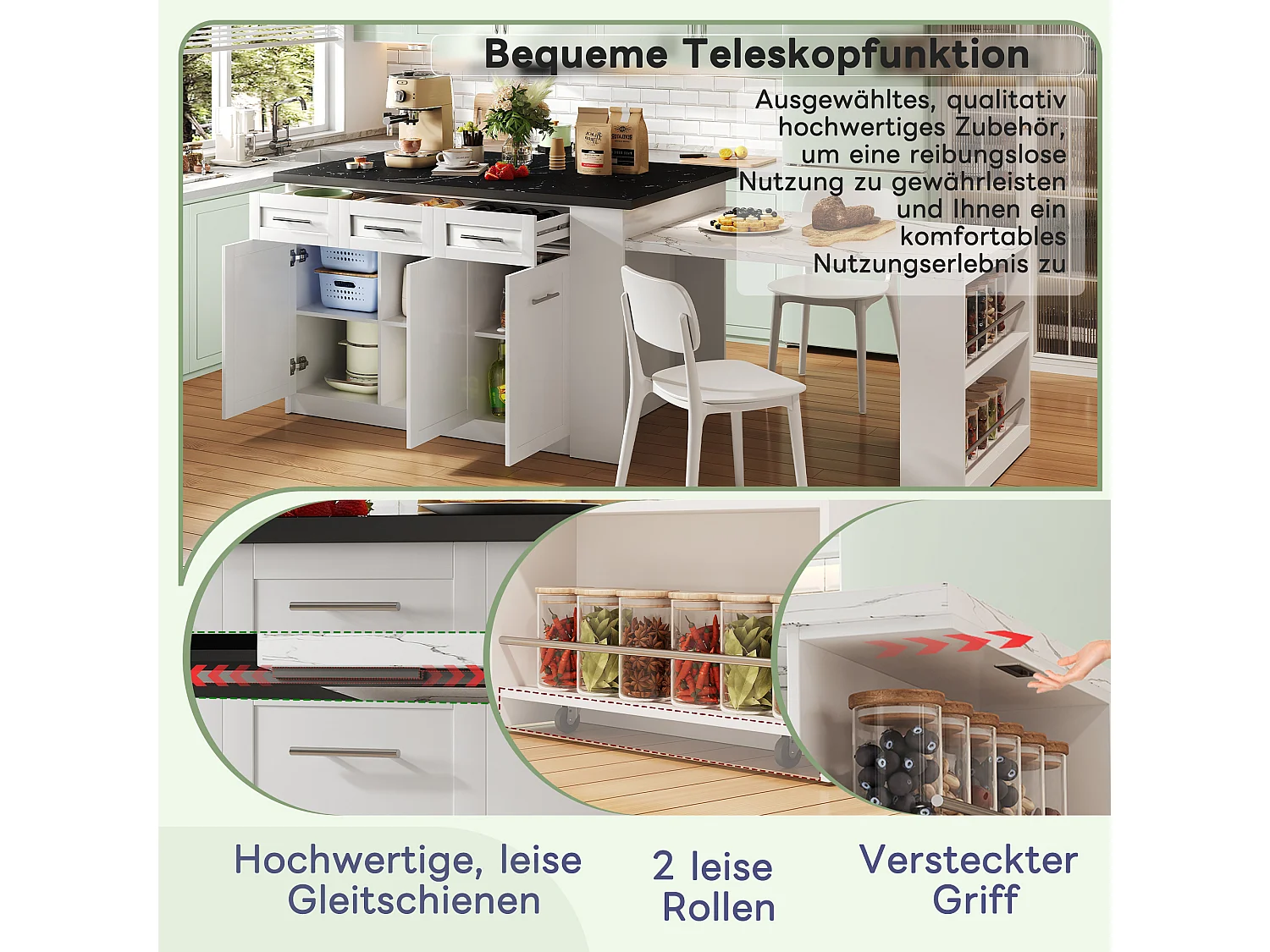 Îlot de cuisine moderne avec table escamotable, MDF, blanc, avec 3 tiroirs et 3 compartiments (97.79x51.56x18.42 cm)