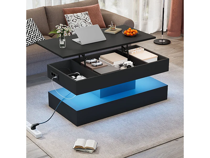 Moderne salontafel met LED-verlichting en verborgen opbergruimte, hydraulisch opklapbaar ontwerp, spaanplaat, zwart (100x50x42 cm)