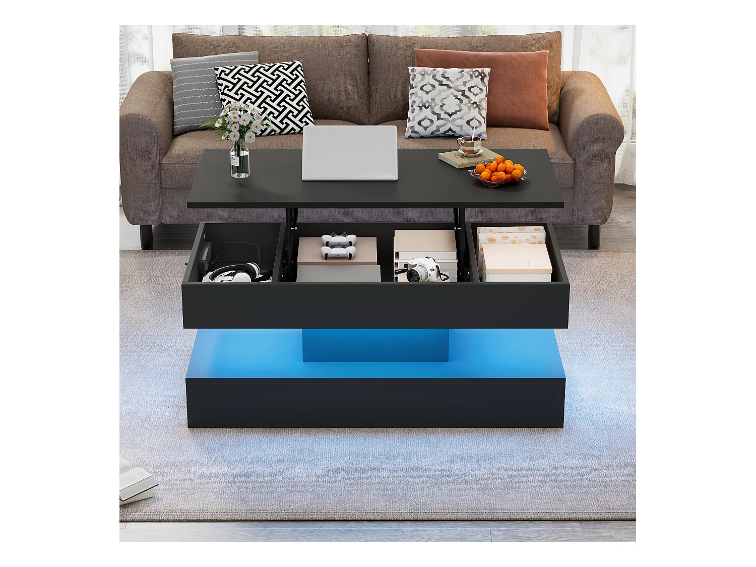 Table basse moderne avec LED et rangement caché, design lift-up hydraulique, bois aggloméré, noir (100x50x42 cm)