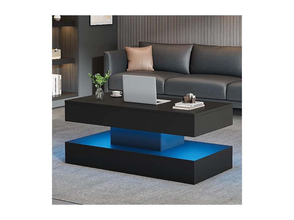 Table basse moderne avec LED et rangement caché, design lift-up hydraulique, bois aggloméré, noir (100x50x42 cm)