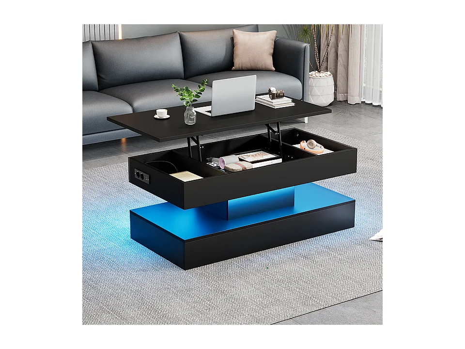 Table basse moderne avec LED et rangement caché, design lift-up hydraulique, bois aggloméré, noir (100x50x42 cm)