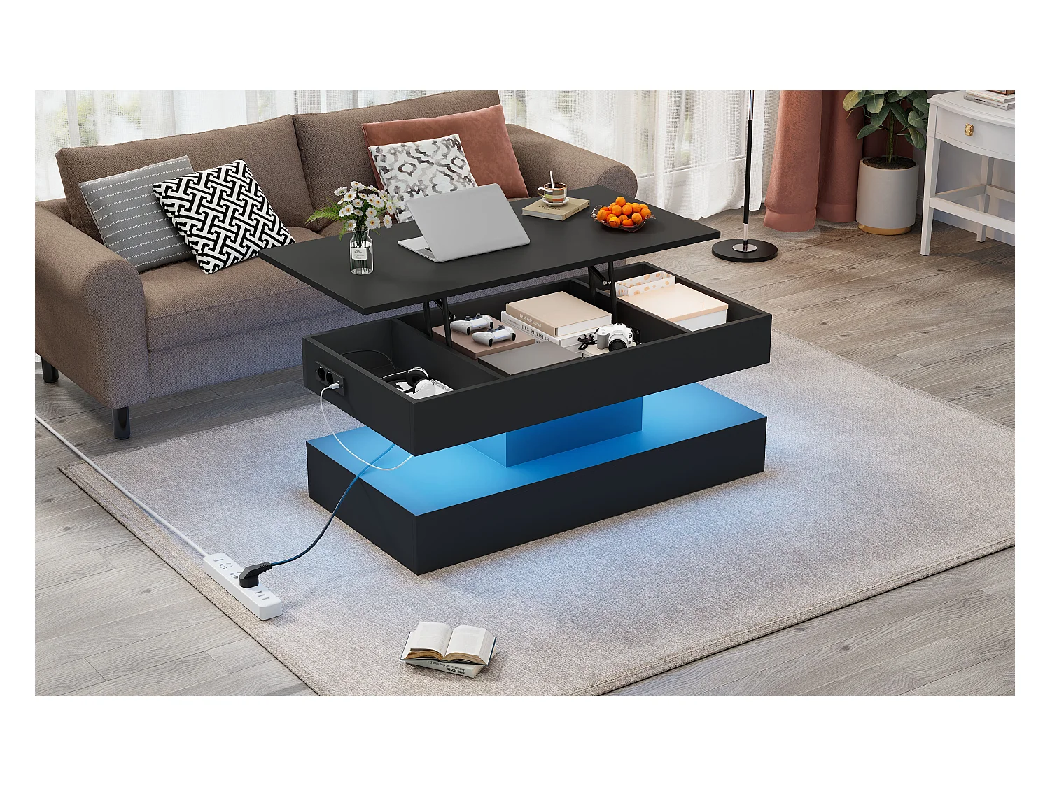 Table basse moderne avec LED et rangement caché, design lift-up hydraulique, bois aggloméré, noir (100x50x42 cm)