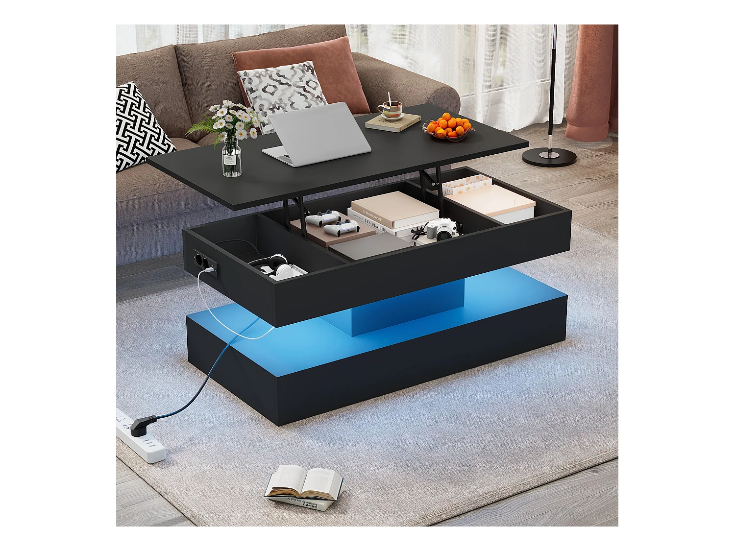 Table basse moderne avec LED et rangement caché, design lift-up hydraulique, bois aggloméré, noir (100x50x42 cm)