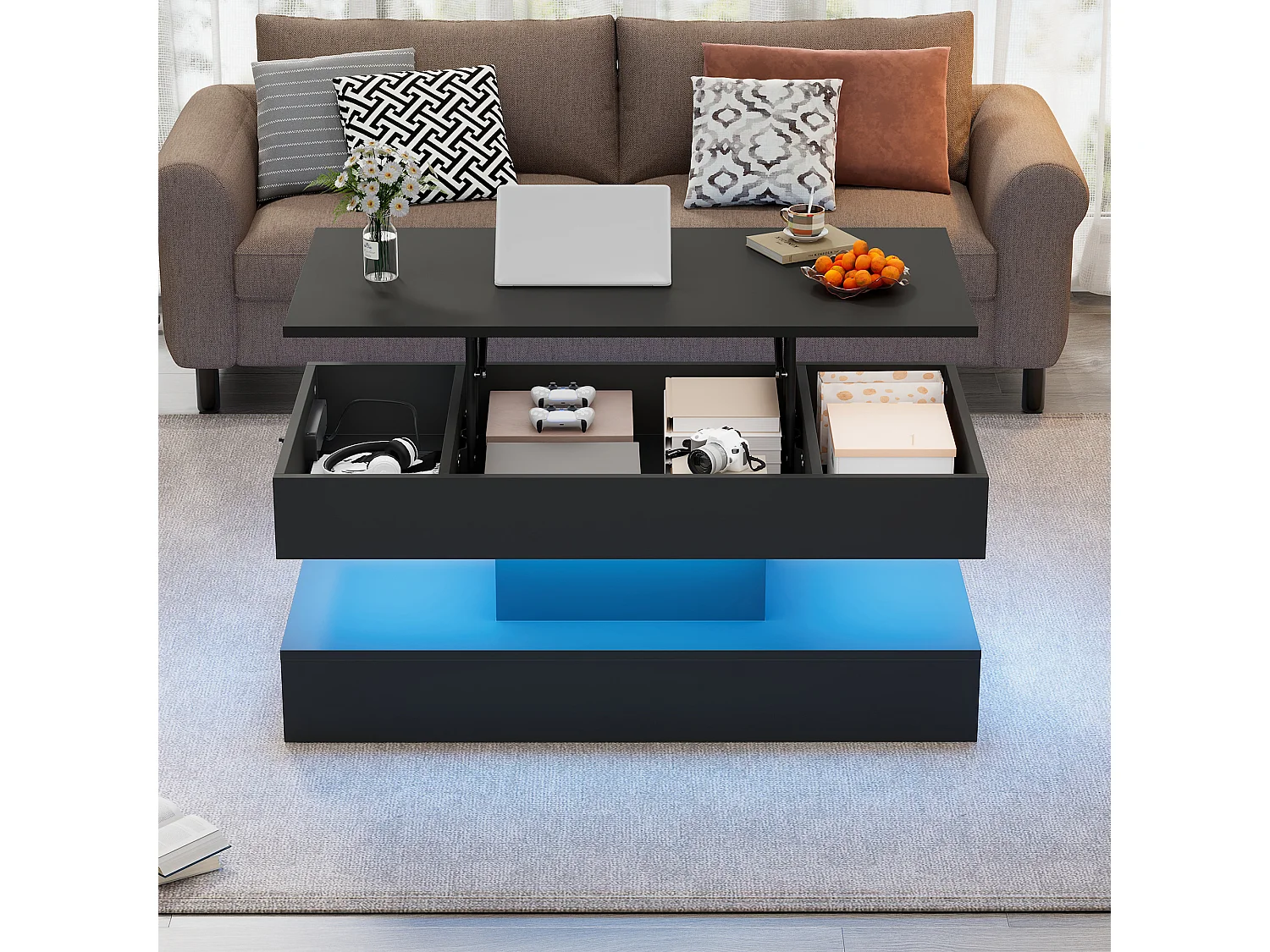 Table basse moderne avec LED et rangement caché, design lift-up hydraulique, bois aggloméré, noir (100x50x42 cm)