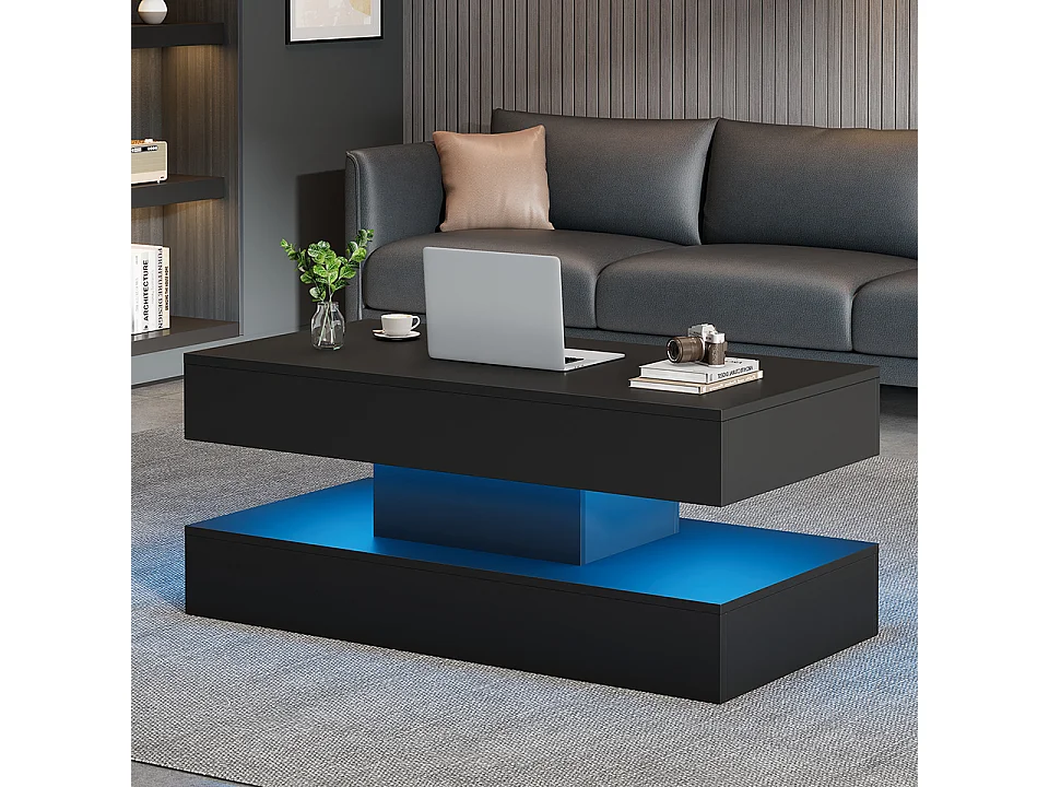 Table basse moderne avec LED et rangement caché, design lift-up hydraulique, bois aggloméré, noir (100x50x42 cm)