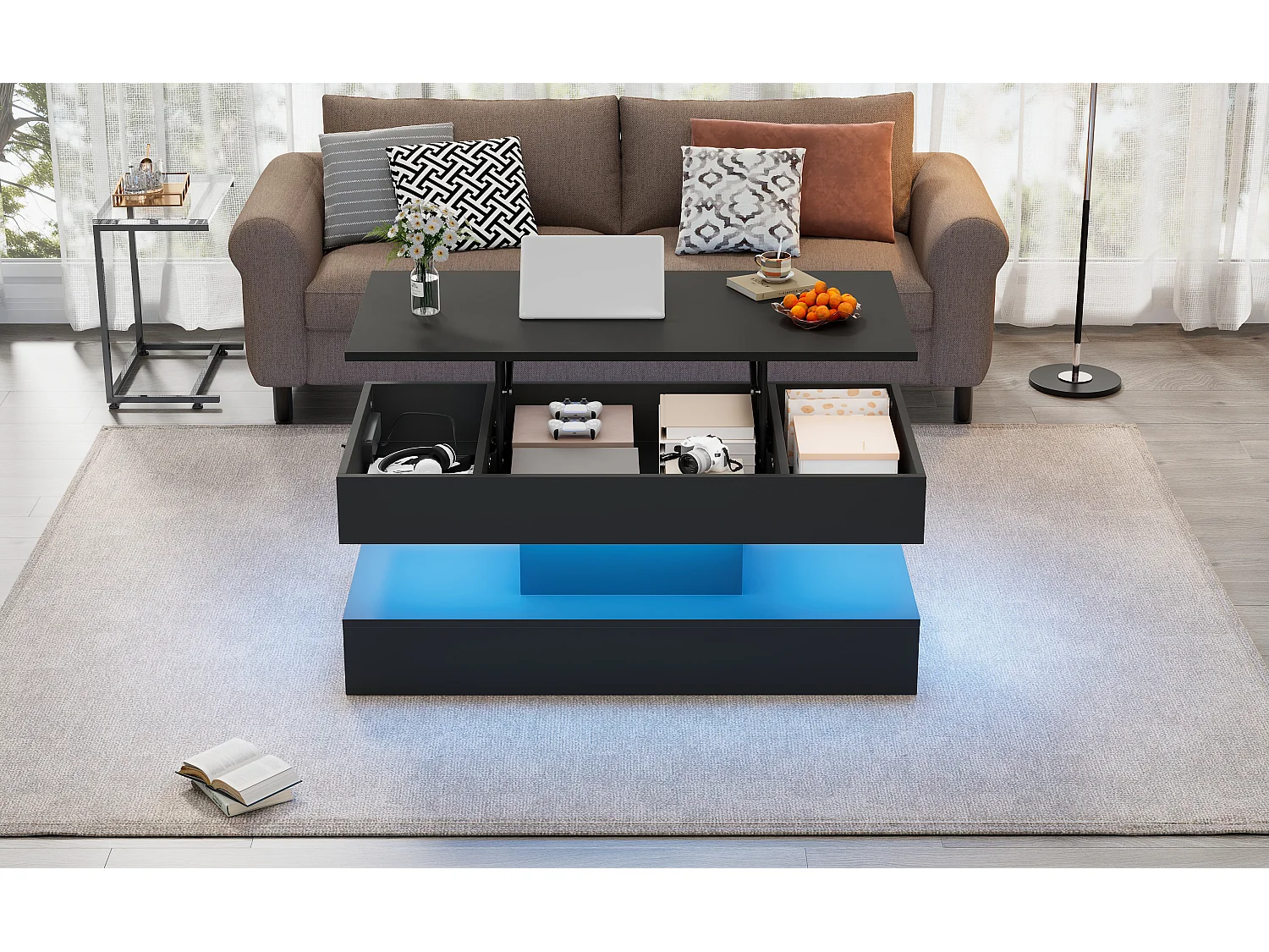 Table basse moderne avec LED et rangement caché, design lift-up hydraulique, bois aggloméré, noir (100x50x42 cm)