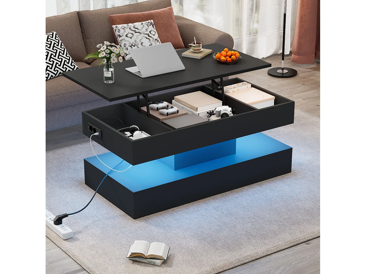Tavolino moderno con LED e vano portaoggetti nascosto, meccanismo di sollevamento idraulico, truciolato, nero (100x50x42 cm)