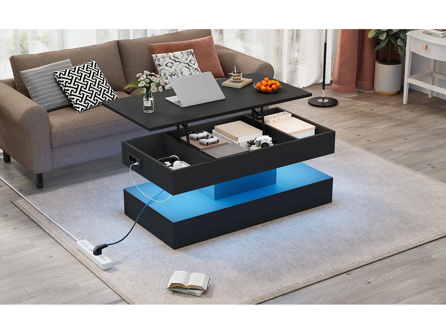 Tavolino moderno con LED e vano portaoggetti nascosto, meccanismo di sollevamento idraulico, truciolato, nero (100x50x42 cm)