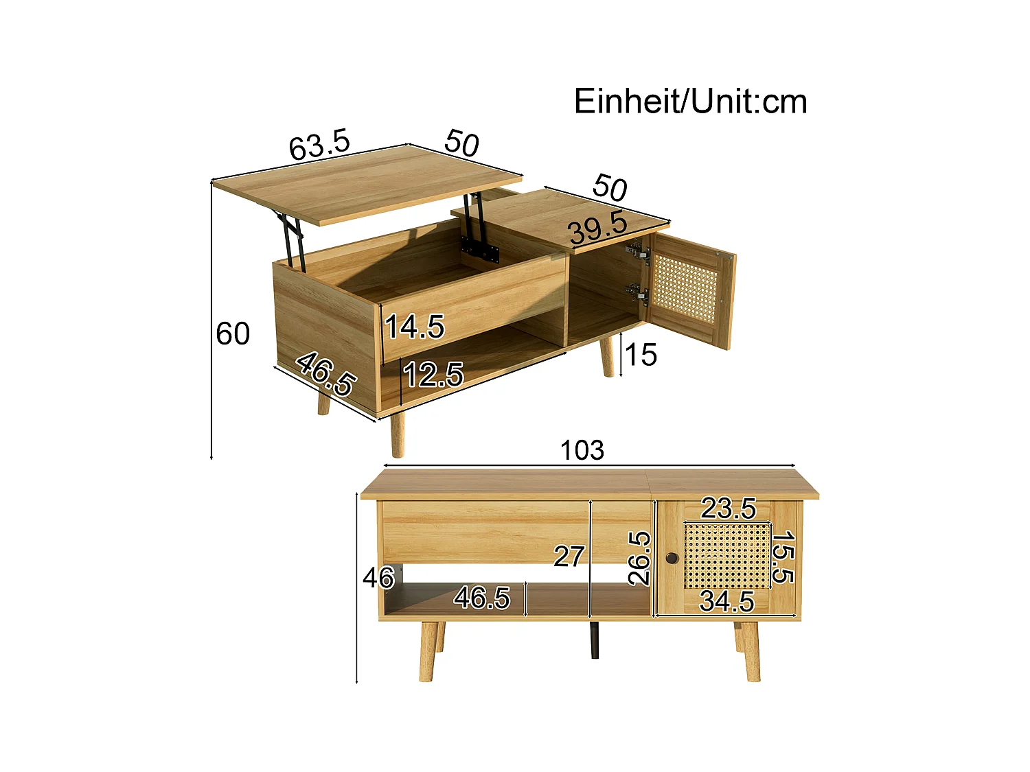 Tavolino moderno con piano sollevabile e ante in finto rattan, legno e dettagli neri, pratico contenitore, 103x50x46 cm