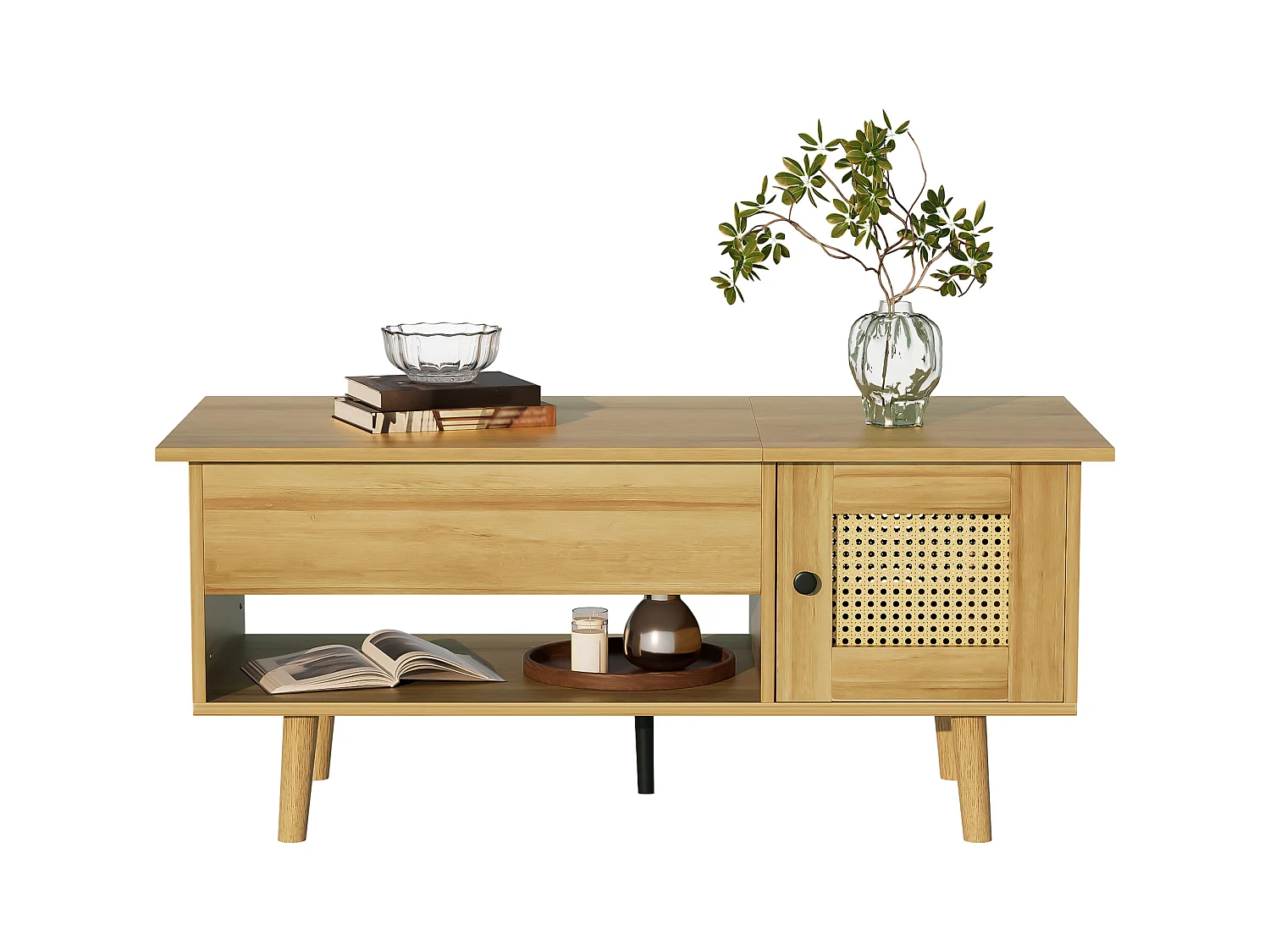 Tavolino moderno con piano sollevabile e ante in finto rattan, legno e dettagli neri, pratico contenitore, 103x50x46 cm