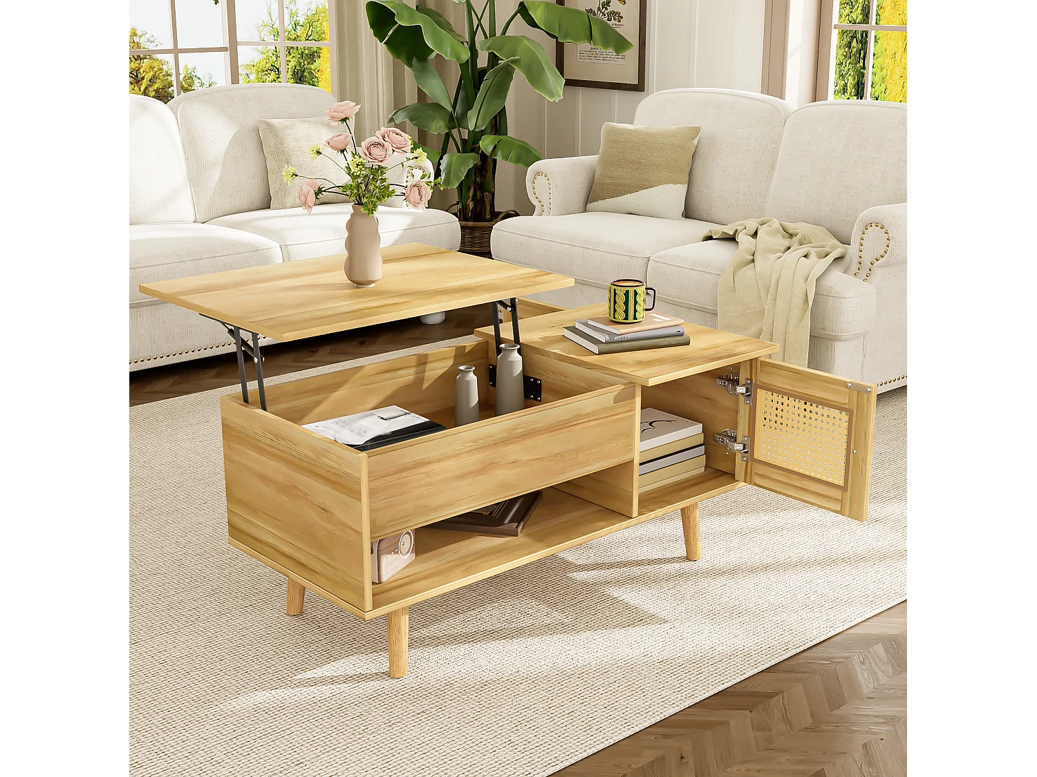 Tavolino moderno con piano sollevabile e ante in finto rattan, legno e dettagli neri, pratico contenitore, 103x50x46 cm