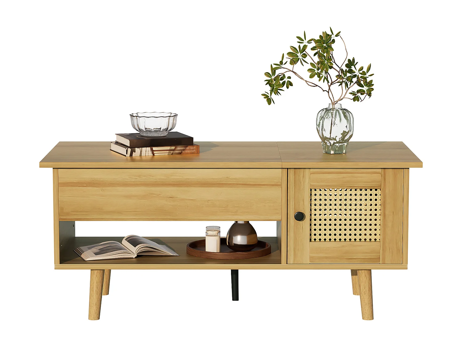 Table basse moderne avec plateau relevable et portes en imitation rotin, bois et accents noirs, rangement pratique, 103x50x46 cm