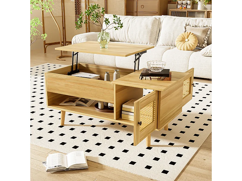 Tavolino moderno con piano sollevabile e ante in finto rattan, legno e dettagli neri, pratico contenitore, 103x50x46 cm