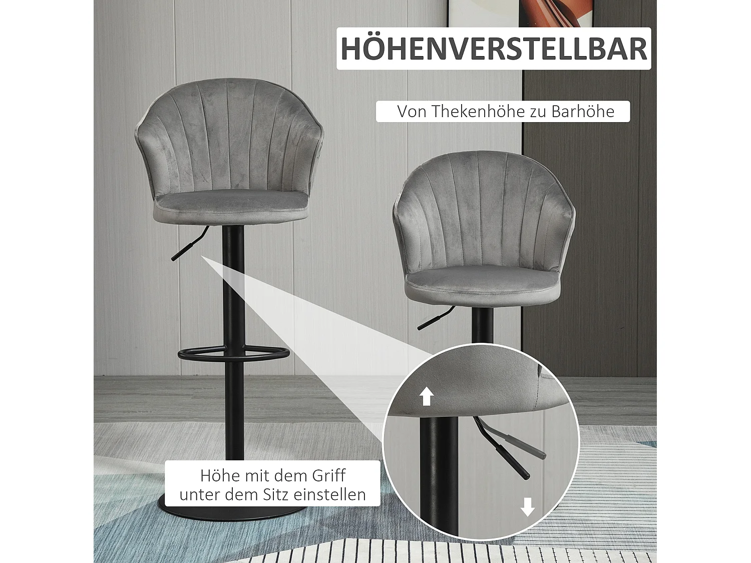 Lot de 2 tabourets de bar pivotants, réglables en hauteur, velours, gris, sans accoudoirs (51.5x57.5x93-114.5cm)