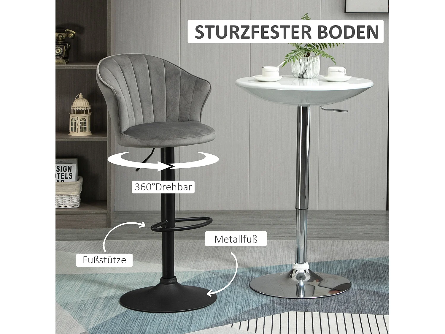 Lot de 2 tabourets de bar pivotants, réglables en hauteur, velours, gris, sans accoudoirs (51.5x57.5x93-114.5cm)